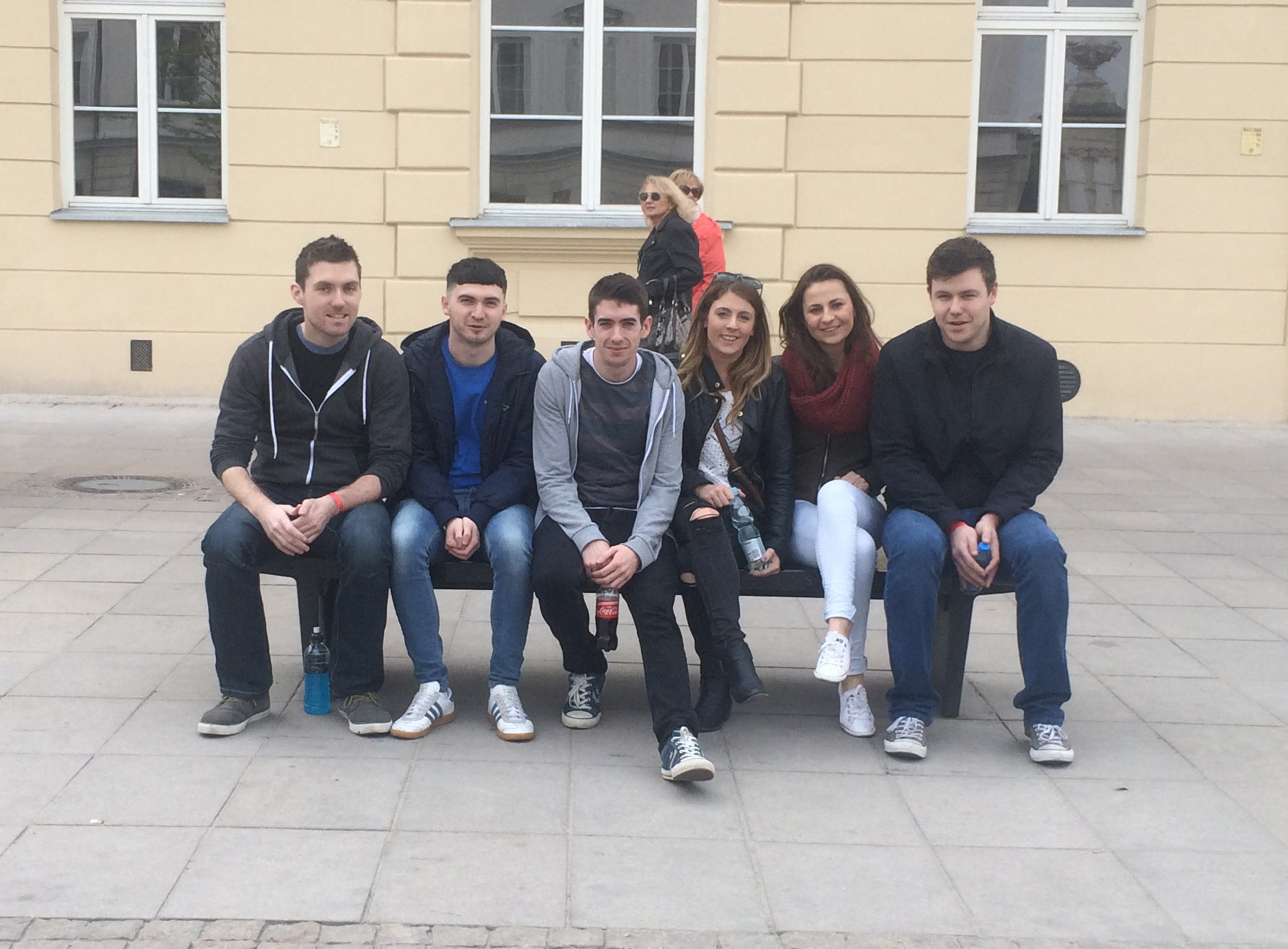 Ruairi Monaghan, Jonathan Loftus, Garvan Doherty, Claire Molony, Gill Casey & Alan Costello on one of the many Chopin themed benches in Warsaw.